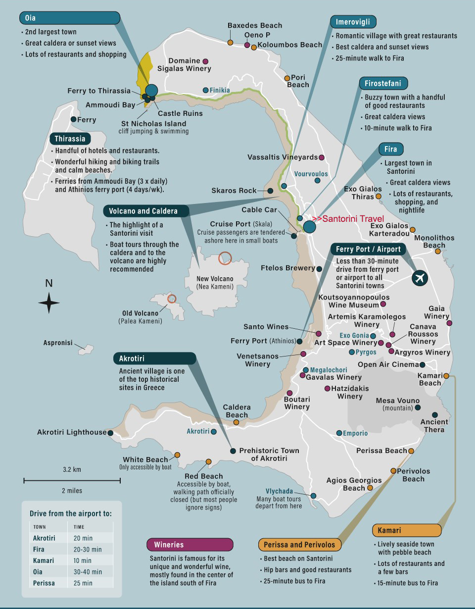 Illustrated map of Santorini with towns, beaches, the caldera, ports and wineries