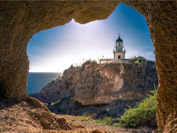 The 1892 Akrotiri lighthouse above the coast of Santorini